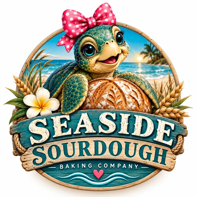 Seaside Sourdough Baking Company logo: a sea turtle with a pink polka dot bow hugging a loaf on the beach